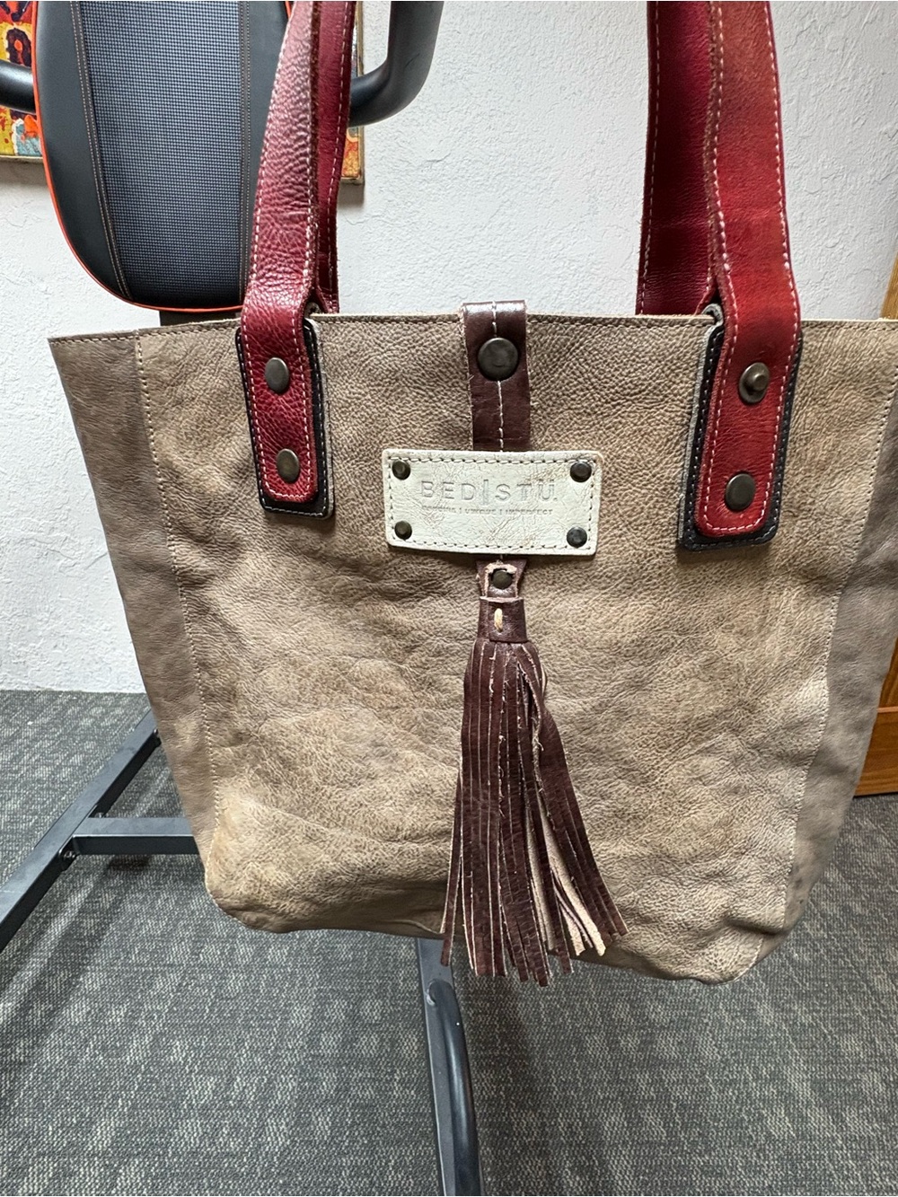 BED|STU Taupe Tote with Burgundy Handles and Brown Tassel